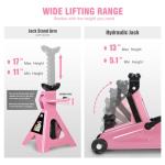 PM PERFORMOTOR Low Profile Hydraulic Trolley Service/Floor Jack Combo with 2 Ratchet Jack Stands, 2 Ton (4000 lbs) Capacity, Pink, PM-TOL-FJ3P-PK
