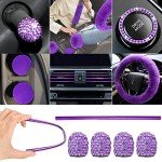 Woanger 47 Car Seat Cover Full Set for Women Included Car Front Rear Seat Fluffy Steering Wheel Cover Belt Automotive Floor Mats Air Conditioner Decoration Strip Universal(Purple Black)