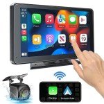 Portable Newest Wireless Apple CarPlay and Android Auto Screen for Car, 7" HD Touch Screen Car Stereo with Mirror Link, Bluetooth 5.2, Backup Camera, AUX,FM Transmitter for All Vehicle