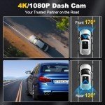 Dash Camera, 4K/1080p Dash Camera Front and Rear, Built-in WiFi, Dash Cam with 64GB SD Card, Full HD 2.0” IPS Screen, for App Control, G-Sensor, Loop Recording, and Parking Mode