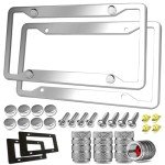 Stainless Steel License Plate Frame- 2 Pack License Plate Holder, with Screws, Chrome Caps, Heavy Duty Rustproof Metal Front Rear Car Tag Cover