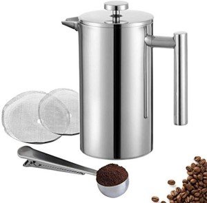 Meelioliving Small French Press 350ml Coffee Maker, Double-Wall Insulated French Press Coffee Press Stainless Steel, Included 2 Extra Fliters and 1 Coffee Spoon (1 cup, 12 OZ)