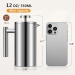 Meelioliving Small French Press 350ml Coffee Maker, Double-Wall Insulated French Press Coffee Press Stainless Steel, Included 2 Extra Fliters and 1 Coffee Spoon (1 cup, 12 OZ)