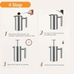 Meelioliving Small French Press 350ml Coffee Maker, Double-Wall Insulated French Press Coffee Press Stainless Steel, Included 2 Extra Fliters and 1 Coffee Spoon (1 cup, 12 OZ)