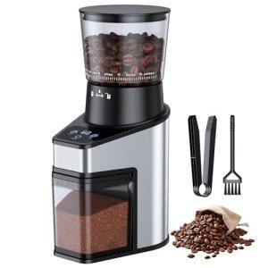 QJA Conical Burr Coffee Grinder Electric, Adjustable Touchscreen Coffee Bean Grinder with 60 Grinding Settings for Home Use, 60 Seconds Timer & 1-8 Cup, Anti-static, Stainless Steel