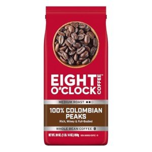 Eight O'Clock Coffee 100% Colombian Peaks & Arabica, 30 Ounce (Pack of 1) Medium Roast Whole Bean Coffee, Rich & Winey