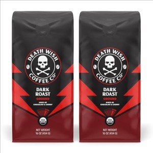 Death Wish Coffee Dark Roast Grounds -16 Oz, 2 Packs of Bold & Intense Blend of Arabica & Robusta Beans - USDA Organic Ground Coffee - Pack of 2