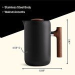 Fellow Clara French Press Coffee Maker - Portable Stainless Steel Coffee Press, Insulated Manual Brewer, Matte Black with Walnut, 24 oz Carafe