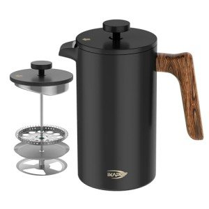 IKAPE French Press Coffee Maker, 34 OZ 304 Stainless Steel Espresso Coffee & Tea Maker with 4 Level Filtration System(Black)