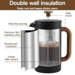 Rorence 34oz French Press Coffee Maker, Coffee Press with Real Wood Handle & Plunger Head, Double Wall Insulation & Dual-Filter Screen, incl. replaced filters & instructions, Black