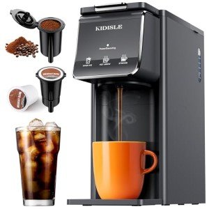 KIDISLE Hot & Iced Coffee Maker for K-Cups & Ground Coffee, Single-Serve Brewer with Bold Setting, Reusable Filter, Travel Mug Friendly, Compact & Quick Brew, Grey