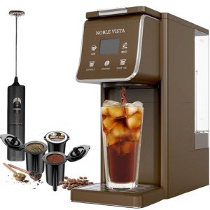NOBLE VISTA Hot And Iced Coffee Maker, Milk Frother, K Cup, Ground Coffee, Tea, 6-14 OZ Brew, 52 OZ Water Tank, Brown