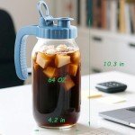 Mason Jar Pitcher With Stainless Steel Filter 64 OZ 2 Pack Wide Mouth Cold Brew Coffee Maker 2 Quart Glass water pitcher with lid Half Gallon Cold hot Tea maker For Lemonade Milk Juice Refrigerator