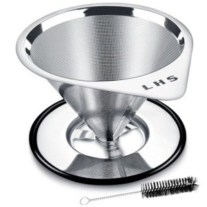 LHS Pour Over Coffee Dripper Stainless Steel Coffee Filter Metal Cone Filter Paperless Reusable Coffee Filter Single Cup Coffee Maker 1-2 Cup With Non-slip Cup Stand and Cleaning Brush