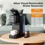 Tastyle Single Serve Coffee Maker with Detachable Milk Frother, Iced and Hot Coffee Machine for K Cup & Grounds, 40oz Removable Water Reservoir, 6 Brew Sizes, Fits 7.3" Travel Mug, Black