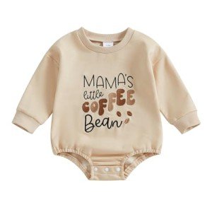 Chloefairy Newborn Baby Boy Girl Bubble Romper Mama's Little Coffee Bean Onesie Sweatshirt Ovesized Bodysuit Infant Fall Outfit (Apricot, 0-3 Months)
