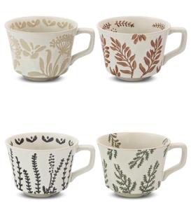LINVIA Ceramic Coffee Mug, 12 oz Novelty Unique Teacup with Large Handle, Stoneware Cup for Tea Mocha Latte Cappuccino Espresso (Set of 4, Butterfly Grass Ivy and Leaf)