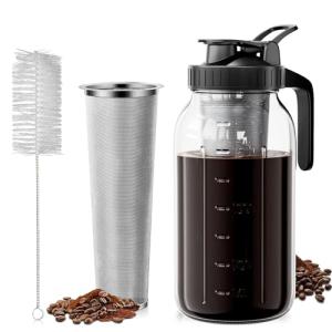 VA1KENE Cold Brew Coffee Maker 64oz, Iced Coffee Maker with 304 Stainless Steel Filter, Mason Jar Pitcher with Lid and Spout (Black)