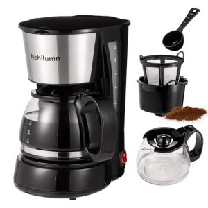 Nehilumn 4-5 Cups Drip Coffee Maker, Coffee Pot Machine Permanent Coffee Filter, Mini,20Oz Electric Coffee Maker,650W Black and Stainless Steel