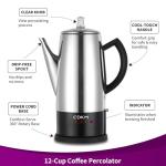 CDKM Classic 12 Cup Percolator, PC-9822, Stainless Steel with keep warm,cordless service (Mirror Polished)