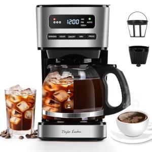 Taylor Swoden Programmable Coffee Makers 12 Cup, Hot and Iced Coffee Maker, 4 Brew Strength, LED Display, 24H Timer, Keep Warm&Auto Shutoff- Drip Coffee Machine for Home/Office, Black &Stainless Steel