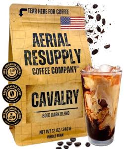 Aerial Resupply Coffee - Cavalry Bold Dark Roast Whole Coffee Beans, Hand-Roasted High Caffeine Kick with Colombian Supremo and Vietnamese Robusta beans - 12 oz Bag