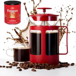 LORD'S ROCKS Folgers Coffee French Press – 600ml Heat-Resistant Glass Coffee Maker with Stainless Steel Filter, Durable Red Frame & Handle, Easy Brewing for Fresh, Bold Flavor