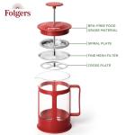 LORD'S ROCKS Folgers Coffee French Press – 600ml Heat-Resistant Glass Coffee Maker with Stainless Steel Filter, Durable Red Frame & Handle, Easy Brewing for Fresh, Bold Flavor