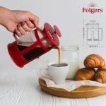 LORD'S ROCKS Folgers Coffee French Press – 600ml Heat-Resistant Glass Coffee Maker with Stainless Steel Filter, Durable Red Frame & Handle, Easy Brewing for Fresh, Bold Flavor