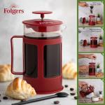 LORD'S ROCKS Folgers Coffee French Press – 600ml Heat-Resistant Glass Coffee Maker with Stainless Steel Filter, Durable Red Frame & Handle, Easy Brewing for Fresh, Bold Flavor