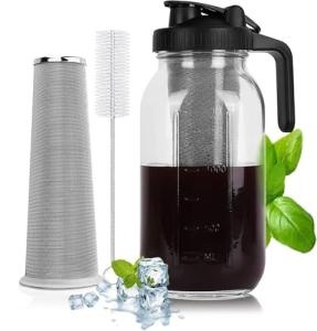Cold Brew Coffee Maker - 64 Oz Heavy-Duty Glass Mason Jar Pitcher with Stainless Steel Filter, Leak-Proof Lid, Ergonomic Handle & Precision Pour Spout – Ideal for Iced Coffee, Tea, Cold Brew (Black)