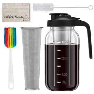 Cold Brew Coffee Maker, 64oz Iced Coffee Tea Pitcher with Stainless Steel Filter & Coffee Mat, 1/2 Gallon Heavy Duty Glass Mason Jar Cold Brew Maker with Pour Spout Handle Lid, 2 Brushes, Leak-Proof
