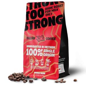 BAZAN COFFEE Too Strong, Vietnamese Robusta Whole Bean Coffee, Dark Roast, High Caffeine, Bold Espresso Flavor, Low Acidity, Perfect with Milk, 12oz Bag