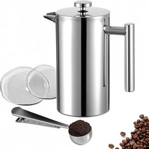 Meelioliving Small French Press 350ml Coffee Maker, Double-Wall Insulated French Press Coffee Press Stainless Steel, Included 2 Extra Fliters and 1 Coffee Spoon (1 cup, 12 OZ)
