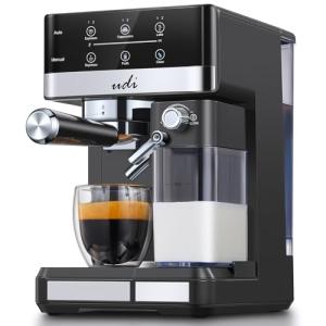 UDI Espresso Machine, 20 Bar Automatic Cappuccino & Latte Coffee Maker, Auto or Manual Quick Brew Dual Boiler, Touchscreen Espresso Maker, Black+Silver