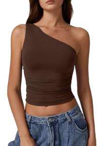 QINSEN Womens Tank Top Summer Off The Shoulder Sleeveless Tight Shirt Coffee Bean L