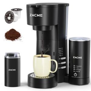 ZACME 4IN1 Single Serve Coffee Maker with Milk Frother & Grinder, Small Coffee Machine for K Cup & Ground, 28oz Water Tank, 6 to 14 oz Brew Sizes, Self-cleaning Function, Adjustable Drip Tray
