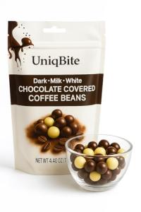 UNIQBITE Chocolate Covered Coffee Beans, 4.4 Oz, Mixed Chocolate Dragees with Whole Roasted Coffee, White-Dark-Milk Chocolates, Resealable Bag