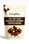 UNIQBITE Chocolate Covered Coffee Beans, 4.4 Oz, Mixed Chocolate Dragees with Whole Roasted Coffee, White-Dark-Milk Chocolates, Resealable Bag
