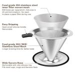 Pour Over Coffee Dripper, Stainless Steel Coffee Filter, Paperless Reusable Coffee Filter, Double Micromesh 600 Mesh Strainer Coffee Maker with Heat-Resistant Silicone Handle & Base