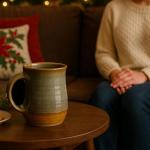 Hand Warmer Mug, Handmade Pottery Ceramic and Hand Painted - The Contoured Pocket will Hold Warmth From The Heat Of Your Drink To Keep Your Fingers Warm, Comfy Handwarmer (Desert Green) (Left hand)