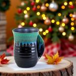 oojdzoo Hand Warmer Mug for Christmas - 16 Ounce Large Handwarmer Mugs Ceramic Handmade Pottery Gift for Holiday with Pocket Handle, Keep Your Fingers Warmth (Right Handed,Forest Green/Black)