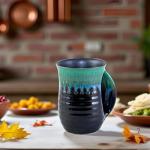 oojdzoo Hand Warmer Mug for Christmas - 16 Ounce Large Handwarmer Mugs Ceramic Handmade Pottery Gift for Holiday with Pocket Handle, Keep Your Fingers Warmth (Right Handed,Forest Green/Black)
