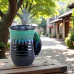 oojdzoo Hand Warmer Mug for Christmas - 16 Ounce Large Handwarmer Mugs Ceramic Handmade Pottery Gift for Holiday with Pocket Handle, Keep Your Fingers Warmth (Right Handed,Forest Green/Black)