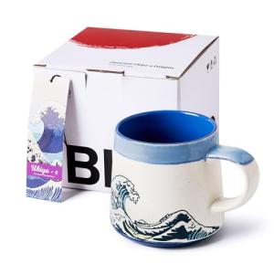BICETTO Handmade 15oz Japanese Ukiyo-e Large Ceramic Coffee Mug, Artistic Pottery Big Tea Cup for Office & Home, Microwave & Dishwasher Safe (Great Wave)