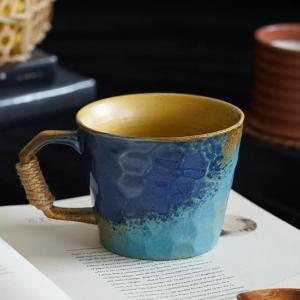 Small 10oz Retro Vintage Japanese Style Handmade Ceramic Tea Cup with Handle, Lead-Free Reactive Glaze Artisanal Coffee Mug, Comfortable handle Handmade Pottery Tea Mug for office and home,Blue