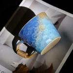 Small 10oz Retro Vintage Japanese Style Handmade Ceramic Tea Cup with Handle, Lead-Free Reactive Glaze Artisanal Coffee Mug, Comfortable handle Handmade Pottery Tea Mug for office and home,Blue