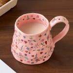 Large Ceramic Coffee Mug Pink Cute Flower with Handmade Big Handle, 20oz Girly Floral Tea Cup for Women Mothers Day Gifts, Novelty Irregular Oversized Mugs for Latte Tea Milk Cocoa