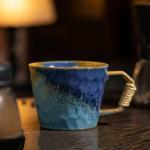 Small 10oz Retro Vintage Japanese Style Handmade Ceramic Tea Cup with Handle, Lead-Free Reactive Glaze Artisanal Coffee Mug, Comfortable handle Handmade Pottery Tea Mug for office and home,Blue