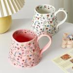 Large Ceramic Coffee Mug Pink Cute Flower with Handmade Big Handle, 20oz Girly Floral Tea Cup for Women Mothers Day Gifts, Novelty Irregular Oversized Mugs for Latte Tea Milk Cocoa